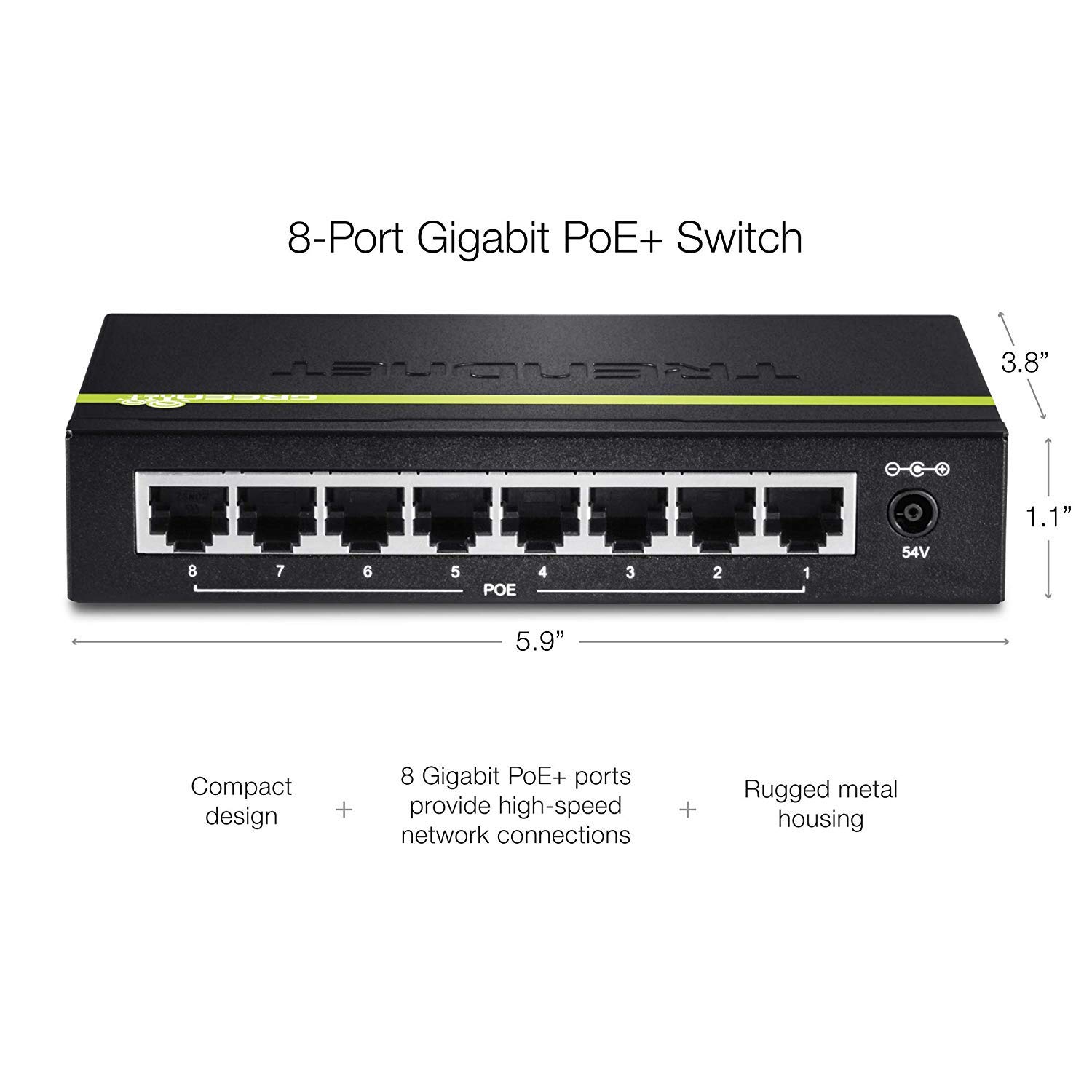 TRENDnet 8-Port Gigabit PoE+ Switch, TPE-TG80G, 8 x Gigabit PoE+ Ports, 123W PoE Power Budget, 16 Gbps, Ethernet Splitter, NDAA & TAA Compliant, Metal, Lifetime Protection, Black