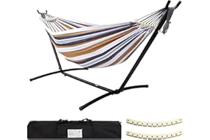 SZHLUX Double Hammock with Stand Included 450lb Capacity Steel Stand, Premium Carry Bag Included and Two Anti Roll Balance Beam, Portable Hammock with Stand for Backyard, Camping,Garden Brown Stripes