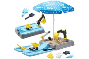 VROGTIK Kids Excavator Sandbox with Umbrella & Cover, Construction Sandbox Set with Beach Toys & Dump Truck, Outdoor Educatio