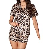 BEAUDRM Women's Silk Satin Pajama Set Leopard Print Sleepwear Cheetah Short Sleeve Button Down Pjs Shorts Loungewear