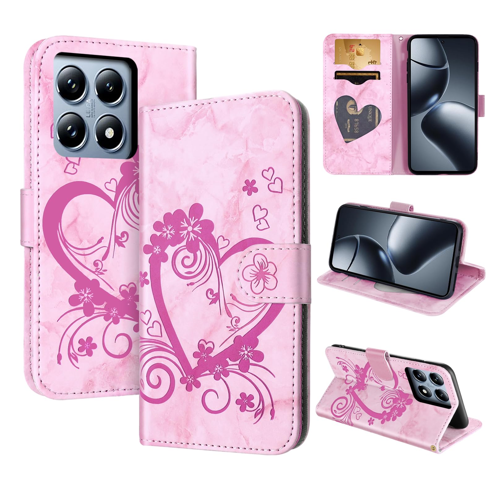 CASAFUNY Mobile Phone Case for Xiaomi 14T Pro 5G Case PU Leather Flip Case Xiaomi 14T Pro Wallet Card Slot Flip Case Mobile Phone Case Protective Cover for Xiaomi Mi 14T Pro - Pink