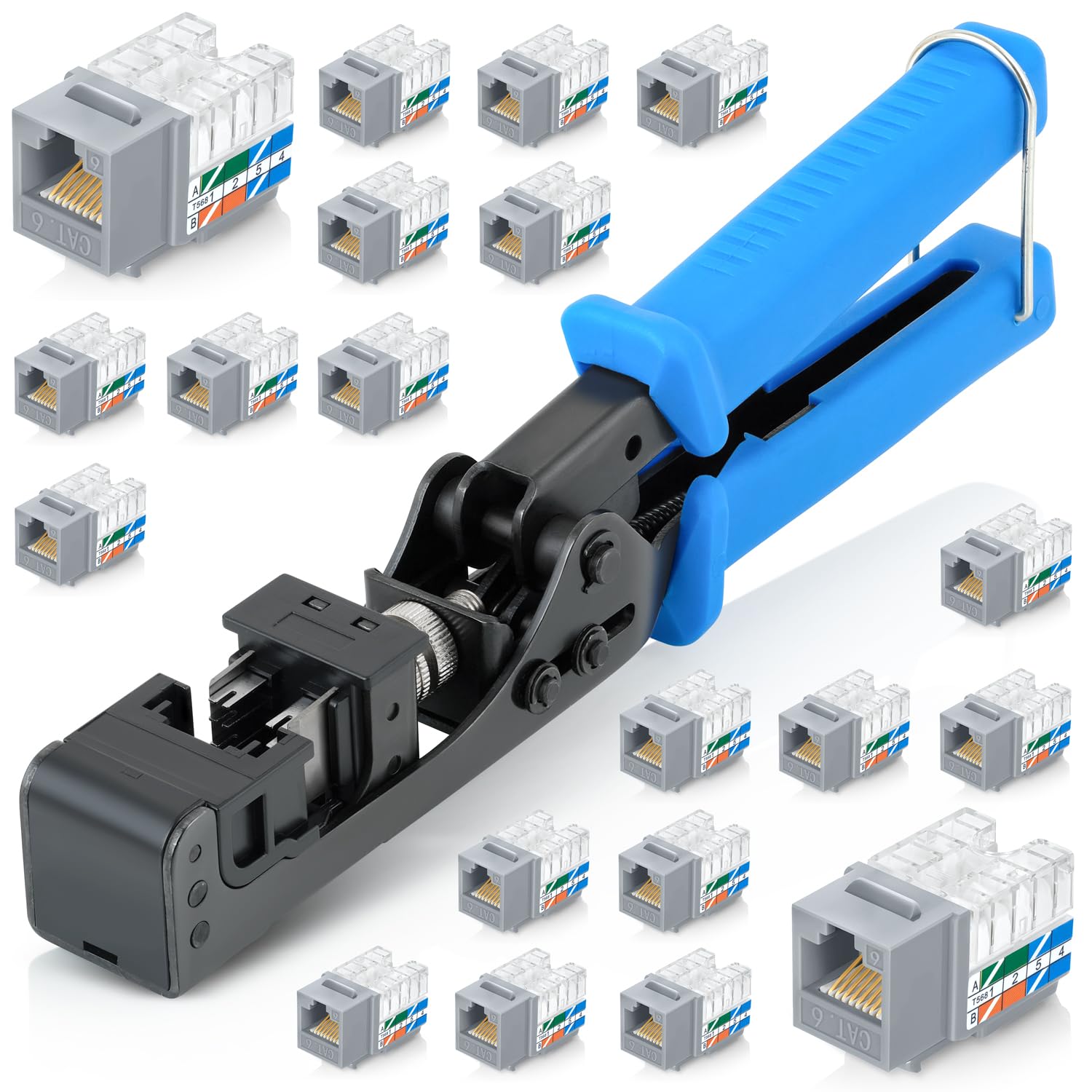 Photo 1 of Everest easyJACK - 90° Angled Speed Termination Keystone Tool Set - with 20-Pack of RJ45 Cat6 Keystone Jacks in Gray (Slim Profile Design) - Time Saver Network Punch Down Tool Cat6