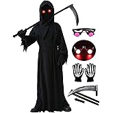 6 Pcs Halloween Grim Reaper Costume Kids Dark Knight Glowing Eyes Reaper Phantom Outfit