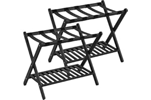 Natuvite Luggage Rack Set Of 2 Suitcase stand For Guest Room With Storage Shelf Foldable Solid Bamboo Heavy-Duty Holders Blac