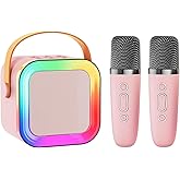 Mini Karaoke Machine Speaker for Kids Adults,Portable Bluetooth with 1-2 Wireless Microphones,Christmas Birthday Gifts Toys Girls Boys Ages 4, 5, 6,7, 8,9,10,11,12+ Years Old Toddler (Pink - 2 Mic)