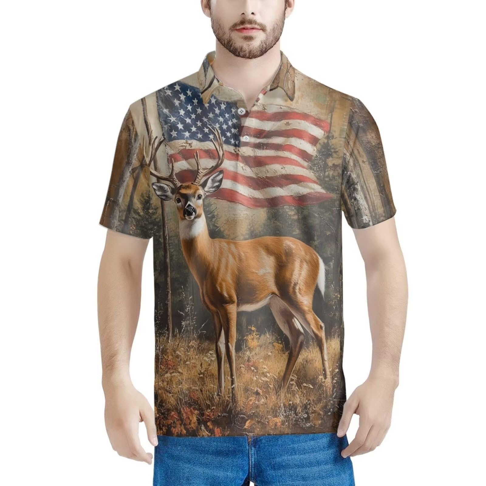 HUGS IDEA American Flag Mens Golf Shirt Deer Short