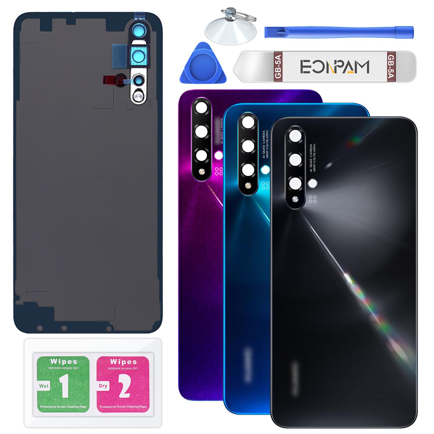 Eonpam Back Cover Glass for Huawei Nova 5T Rear Glass Replacement with Camera Lens + Repair Kit Genuine Rear Housing (Black)