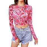 For G and PL Women's Valentine's Long Sleeve Crew Neck See Though Blouse Sheer Mesh Heart Print Crop Tops