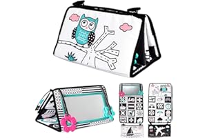 AIPINQI Tummy Time Floor Mirror,High Contrast Developmental Montessori Sensory Crawling Toy for Newborn,Flip for Art Black and White Floor Activity Mirror for Infant with Teether (owl)