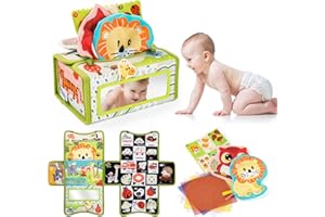 Jollybaby Mystery Tissue Box Toy for Baby 0-6-12 Month with Tummy Time Mirror Toy, Montessori Sensory Learning Toy for 1 Year Old Infant with Teether Crinkle Paper, High Contrast Toy for Newborn Gift