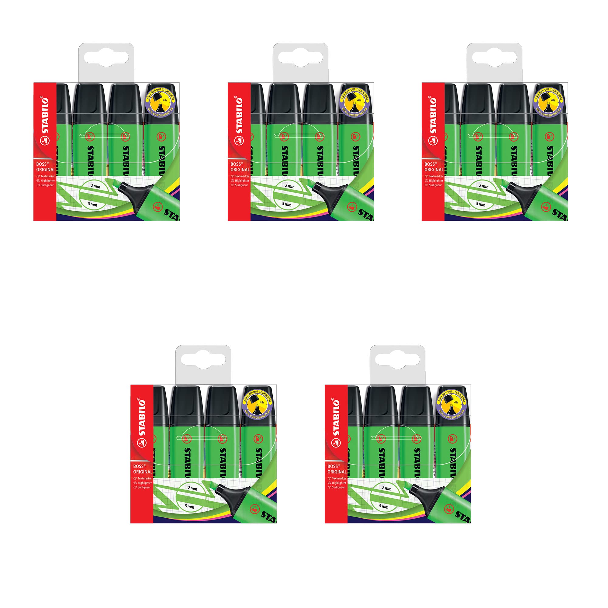 Highlighter - STABILO BOSS ORIGINAL - 5 x Pack of 4 - Green
