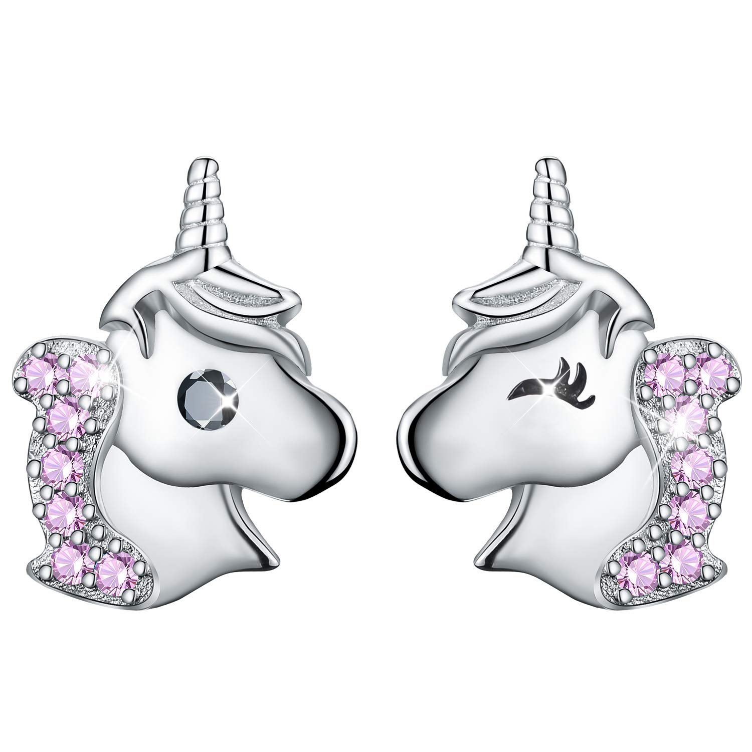 Esberry 18K Gold Plating 925 Sterling Silver Stud Earrings Unicorn with Cubic Zirconia Asymmetry Earrings Hypoallergenic Earrings for Girls and Women (Pink)