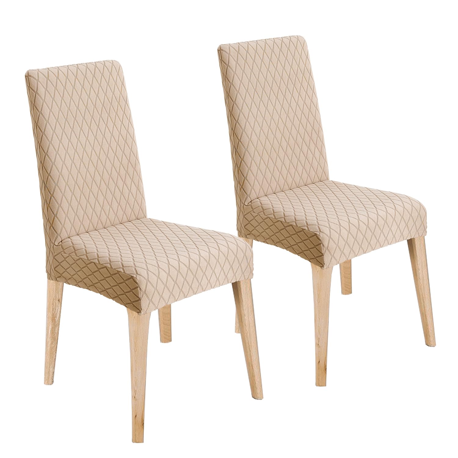 LANSHENG Chair Covers, Stretch Dining Chair Protector Slipcovers Jacquard, Elastic Removable Washable Chair Seat Cover for Dining Room Kitchen Banquet Restaurant Home (Khaki, Set of 2)
