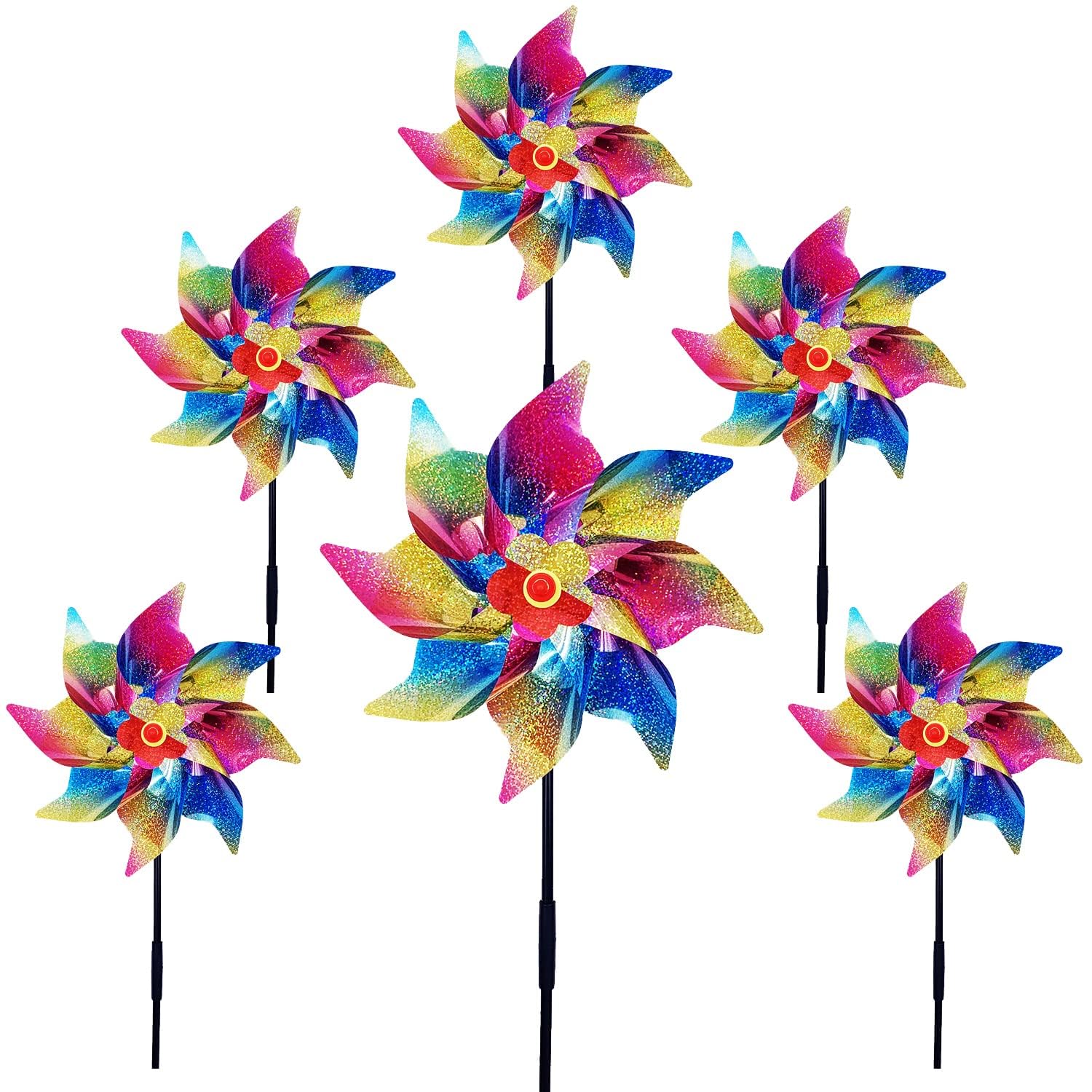 LUKDUNG Pack of 6 Wind Turbines, Bird Repellent, Reflective Windmill, Orchard, Bird Scarer, Windmill Balcony, Decoration, Garden, Protect Yard, Balcony (Rainbow-6pcs, 24cm)