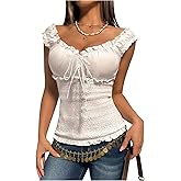 SOLY HUX Women's Frill Smocked Tops Sleeveless Tie Front Shirred Summer Blouse Shirt