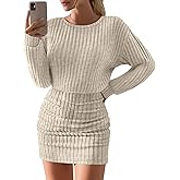 JoyMotion Women's Pullover Sweater Dress Long Lantern Sleeve Ribbed Knit Crewneck Ruched Bodycon Casual Mini Short Dress 2026