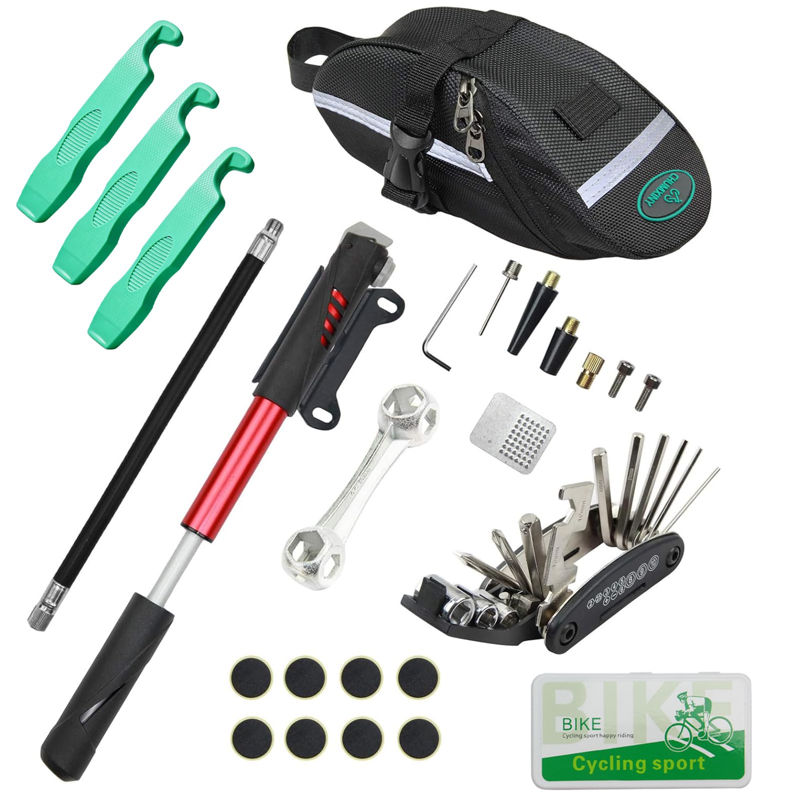 CHUMXINY Bike Repair Kit, 16-in-1 Bike Repair Tool, 120Psi Mini Bicycle Pump, Tire Patch Kit for Mountain and Road Bikes