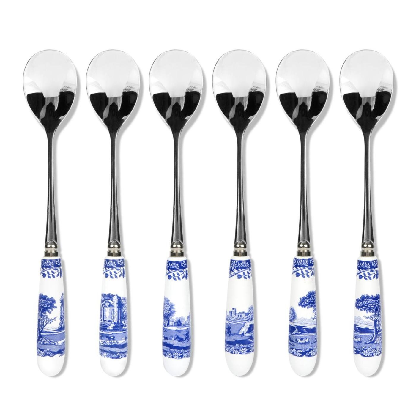 Spode x Blue Italian Set of 6 Tea Spoons - White & Blue Teaspoons, Stainless Steel with Porcelain Handles, Suitable for Tea, Coffee, or Dessert, Stylish and Gift-Ready, 15cm