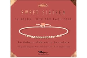 Lucky Feather Sweet 16 Gifts for Girls | 16th Birthday Bracelet Gift Idea for 16 Year Old Girls Available in 14K Gold, Rose Gold, or Silver Dipped Beads on Adjustable Cord | 16th birthday gifts for girls