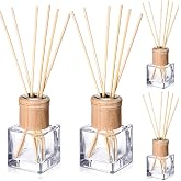 Roshtia 4 Set Reed Diffuser Bottles 50ml Glass Wooden Caps Rattan Sticks | Empty Refillable DIY Oils, Mini Square Jars Bulk, Ideal Home Office Aromatherapy Gifts, 1.7 Oz Fragrance Container