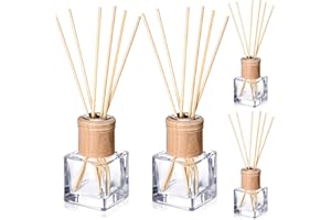 Roshtia 4 Set Reed Diffuser Bottle Empty Refillable Fragrance Glass Diffuser Bottles with Wooden Caps Rattan Sticks 50ml 1.7 oz Glass Jars for DIY Fragrance