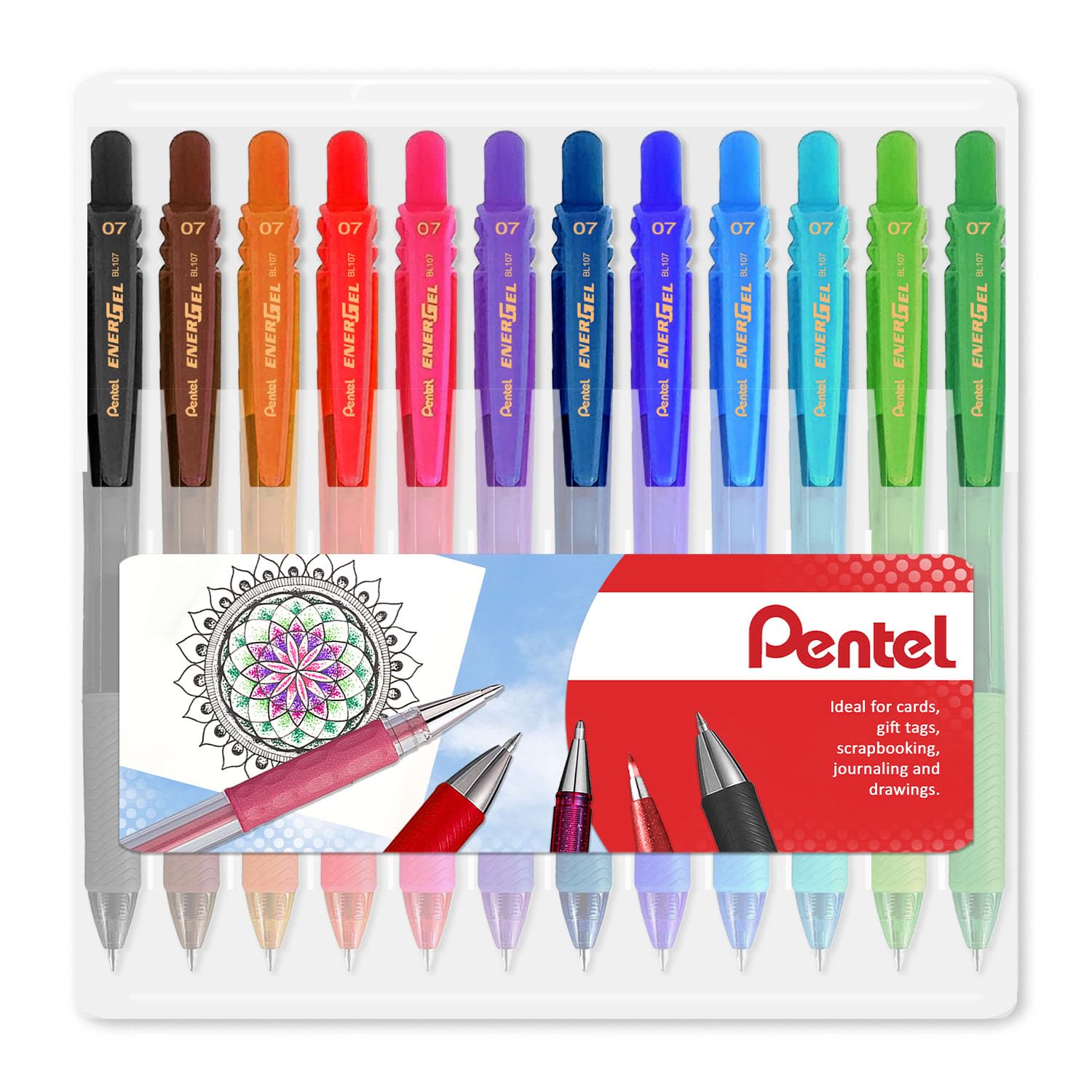 Pentel Energel X BL107 Retractable Gel Rollerball Pens - 0.7mm Nib - Clam Pack Set (Pack of 12, Essential)