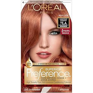 L'Oreal Paris Superior Preference Fade-Defying + Shine Permanent Hair Color, 7LA Lightest Auburn, Pack of 1, Hair Dye