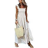SOMTHRON Women's Square Neck Plaid Smocked Dress Ruffle Sleeveless Tiered Flowy A-Line Checkered Maxi Long Dress