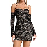 Womens Sexy Lace Mini Dress Long Sleeve Off Shoulder Party Club Night Out Halter Short Dresses