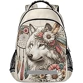 Wolf Backpack for Students Boys Girls Flower Dreamcatcher Wolf School Bag Travel Daypack Rucksack