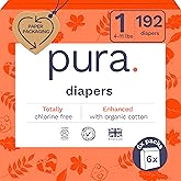 Pura Hypoallergenic Diapers, Size 1 (4-11 lbs), Monthly Pack, Totally Chlorine Free, Wetness Indicator, Suitable for Sensitive Skin, Soft Cotton Comfort, Overnight, 6 Packs of 32 (192 Baby Diapers)