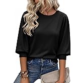 Cicy Bell Womens 3/4 Puff Sleeve Sweater Tops Fall Casual Crew Neck Lightweight Knit Pullover Loose Fit Scallop Trim Sweater