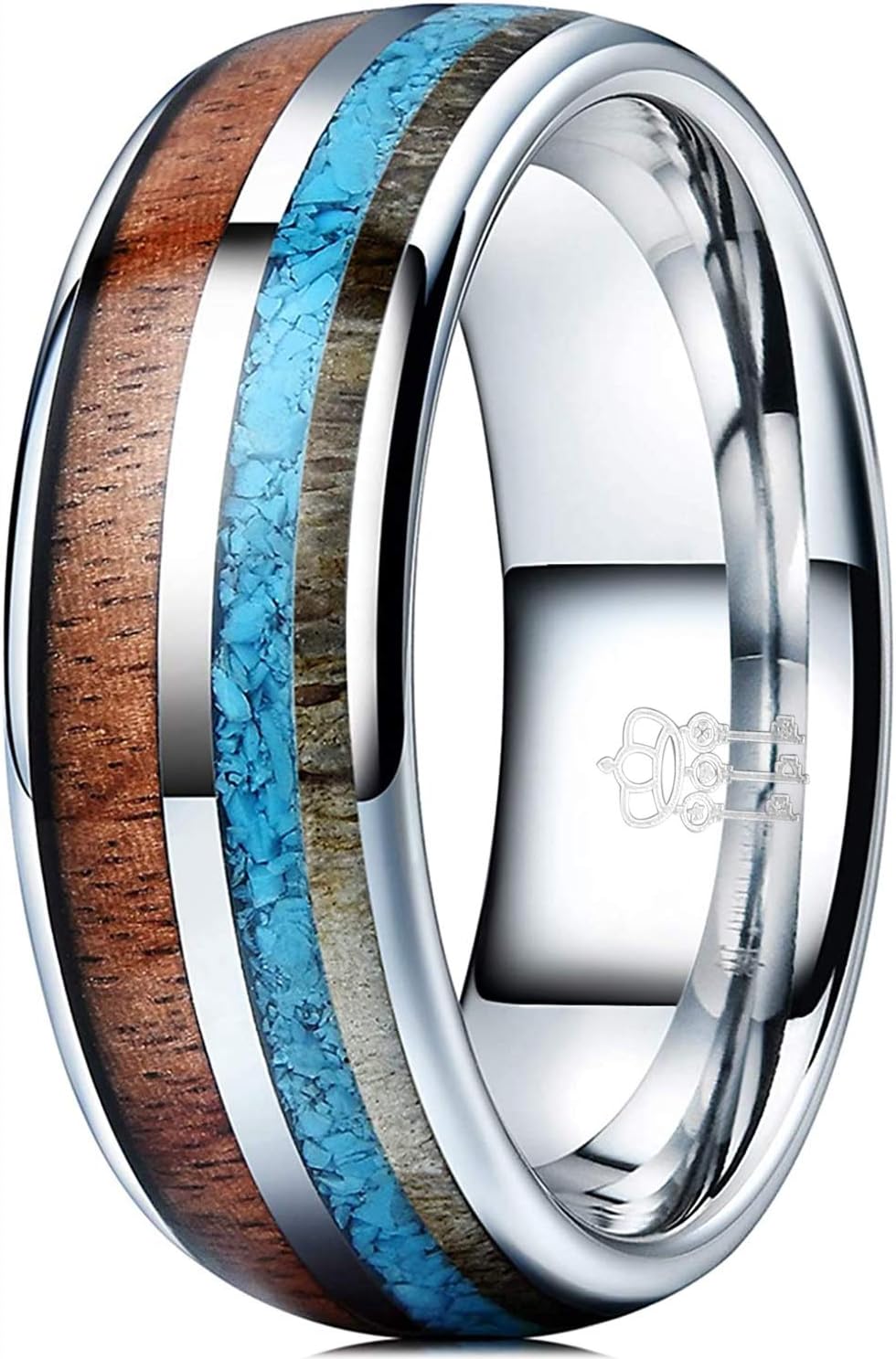 THREE KEYS JEWELRY 6mm 8mm Tungsten Wedding Ring Koa Wood Antler Turquoise Inlay Vikings Hunting Band