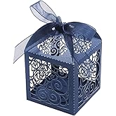 KPOSIYA 100 Pack Wedding Favor Boxes Laser Cut Boxes Party Favor Box Small Gift Boxes Lace Candy Boxes for Wedding Bridal Shower Baby Shower Birthday Party Anniverary with Ribbons (Navy, 100)