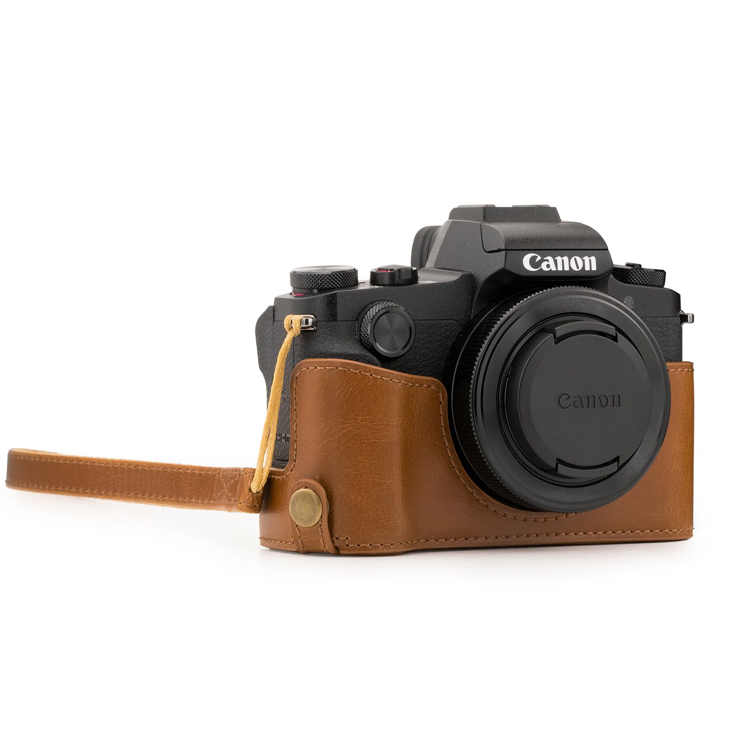 MegaGear MG1389 Ever Ready Leather Half Case and Strap with Battery Access for Canon PowerShot G1 X Mark III Camera - Light Brown