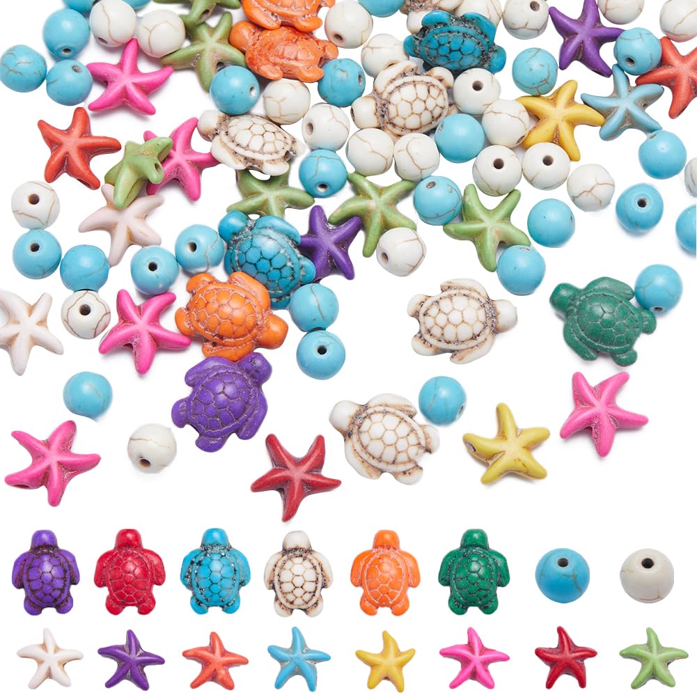 SUNNYCLUE 1 Box 4 Strands Turtle Beads Starfish Beads Bulk About 150+Pcs 8mm Round Colorful Synthetic Turquoise Tortoise Summer Ocean Animals Turtle Charms for jewellery Making Beading Kits