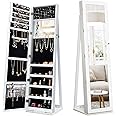 CHARMAID Standing Jewelry Armoire with Tall Full Length Mirror, 2-in-1 Lockable Jewelry Cabinet Organizer with Large Storage Capacity, Inside Makeup Mirror, Stable Base, Easy Assembly (White)