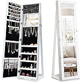CHARMAID Standing Jewelry Armoire with Higher Full Length Mirror, 2-in-1 Lockable Jewelry Cabinet Organizer with Large Storag