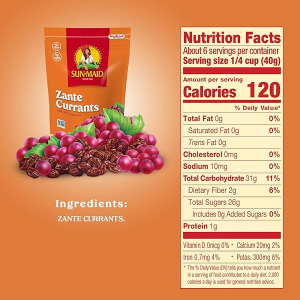 SUN-MAID CALIFORNIA ZANTE CURRANTS SNACK BAGS WHOLE NATURAL DRIED FRUIT NO ARTIFICIAL FLAVORS NON-GMO VEGAN AND VEGETARIAN FRIENDLY 8 OUNCE , PACK OF 1