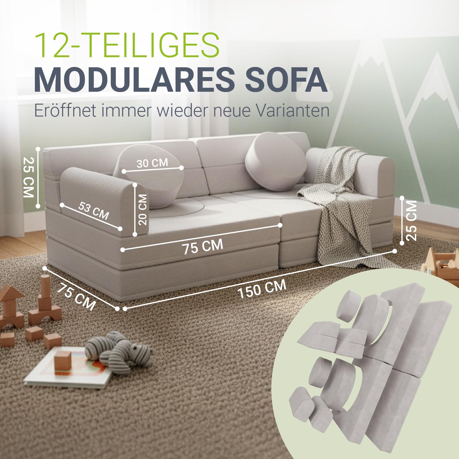 Juskys® Kindersofa Kayo – Cord, modular & weich, Sofa für Kinderzimmer & Spielzimmer, sicher, flexibel, pflegeleicht, mit abnehmbaren Bezügen – Beige 3