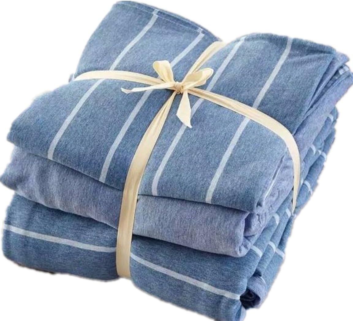 Ningkotex Light Blue White Stripe Print 4Pcs Cotton Jersey Knit Duvet Cover Set Plain Dyed Light Blue King Queen Size Fitted Sheet New (King)