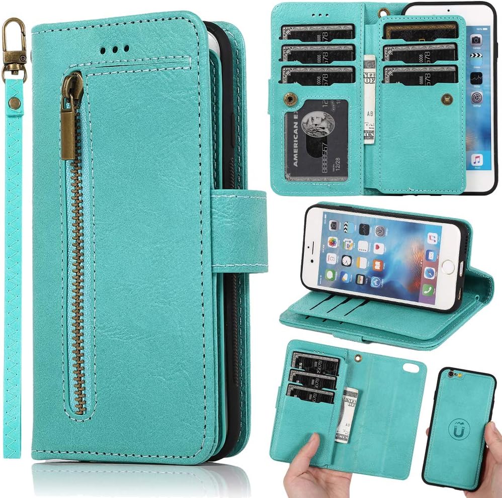 iPhone 6 Plus Case Wallet for Women/Men,iPhone 6s Plus Magnetic Detachable Flip Leather Case Cover with Zipper Purse Wallet Card Holder Coin Pocket Stand Strap Folio Shockproof Fold Case Mint Green