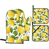 Yellow Lemon Oven Mitts and Pot Holders Set of 4, Oven Mittens and Potholders Heat Resistant Gloves for Kitchen Cooking Baking Grilling BBQ