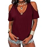 Eurivicy Women's Summer Cold Shoulder T-Shirt Casual Short Sleeve V Neck Blouse Top