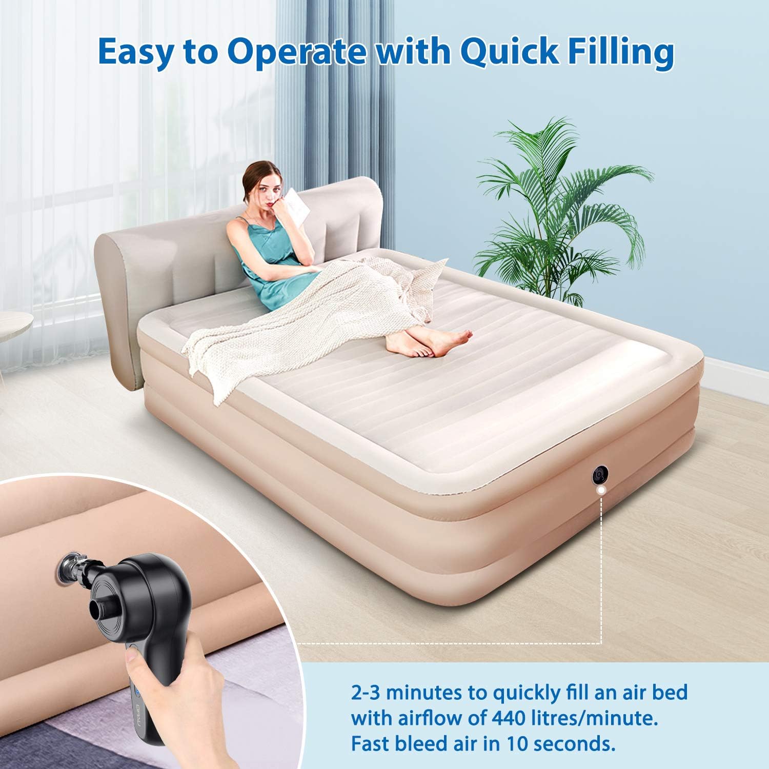 QPAU Electric Air Pump, Rechargeable Portable Air Mattress Pump Quick-Fill Inflator Deflator with 5 Nozzles, Perfect for Camping Inflatable Cushions, Air Mattress Bed, Air Sofa, Pool Inflatables: Sports & Outdoors