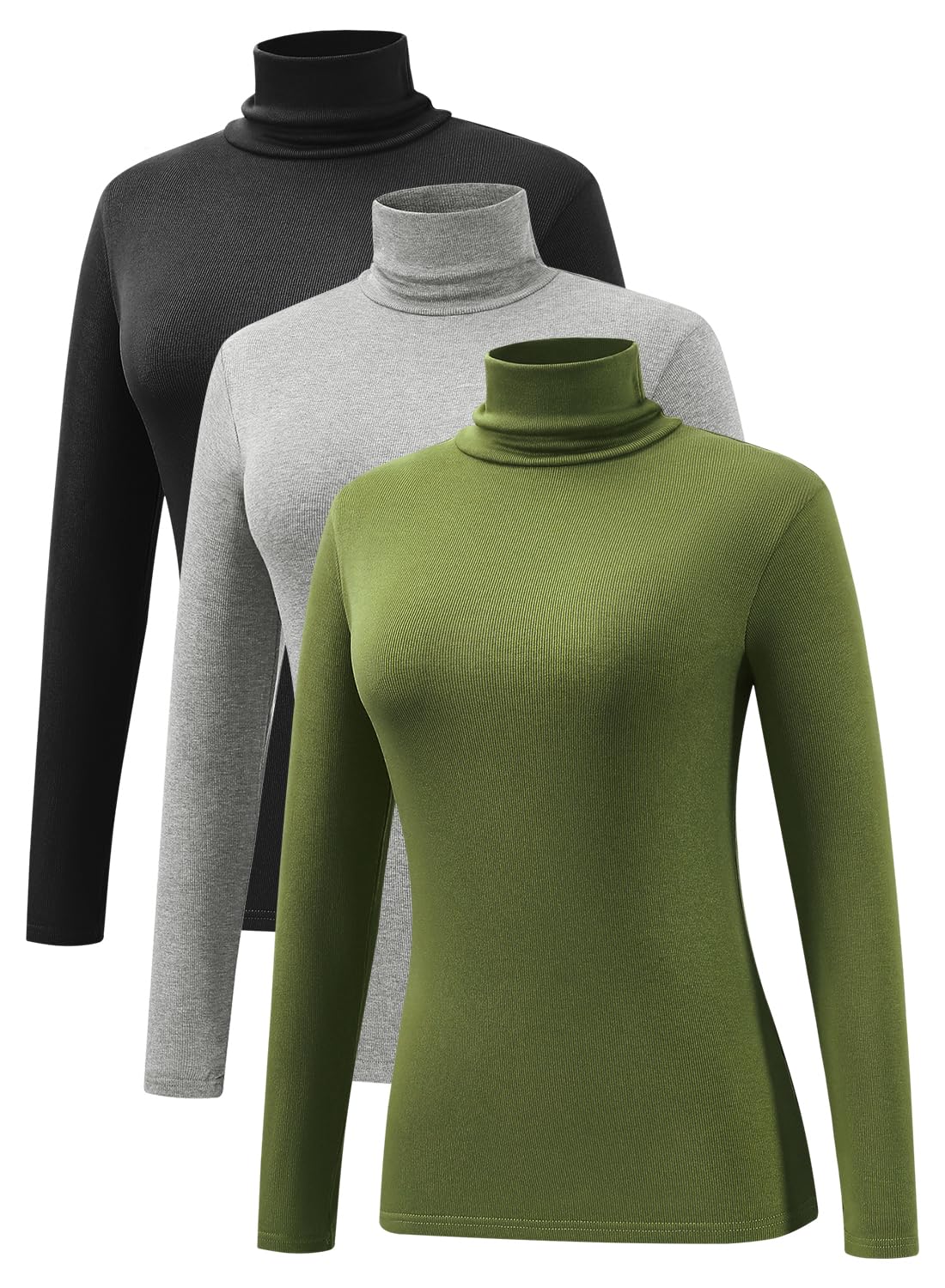 Photo 1 of (thin matertrial) Xelky Long Sleeve Turtleneck for Women Ribbed Pullover Mock Neck Shirt Casual Basic Lightweight Base Layer Sweater 3 Packs Black/Gray/Army Green M