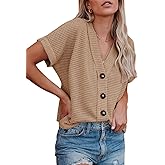 Dokotoo Womens Summer Tops 2026 Waffle Knit Button Down Shirts Casual V Neck Short Sleeve Shacket Jacket Dressy Blouses