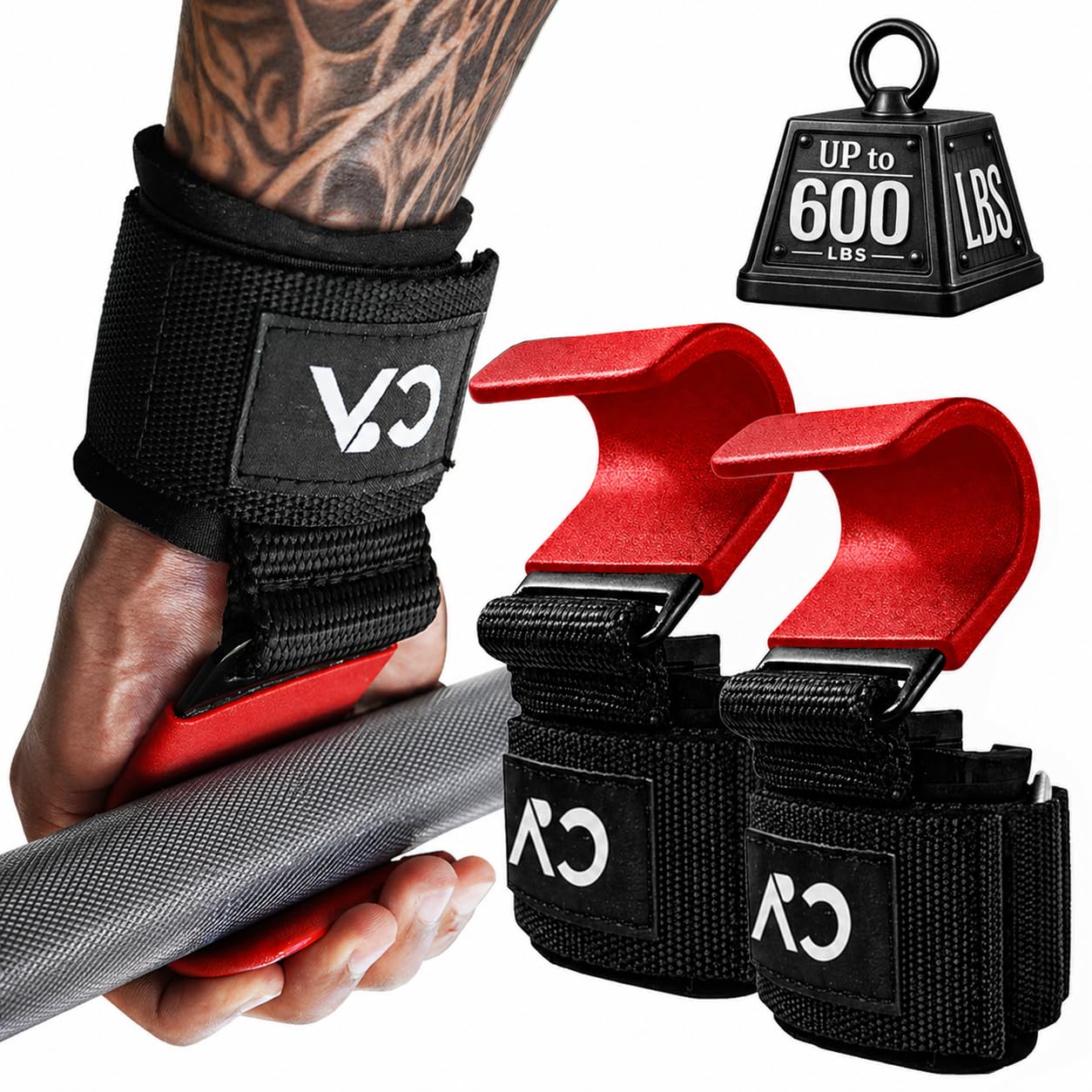 CHICK-ACTIVE Weight Lifting Hooks (Pair) - 8mm Neoprene Padding (Red, One Size)