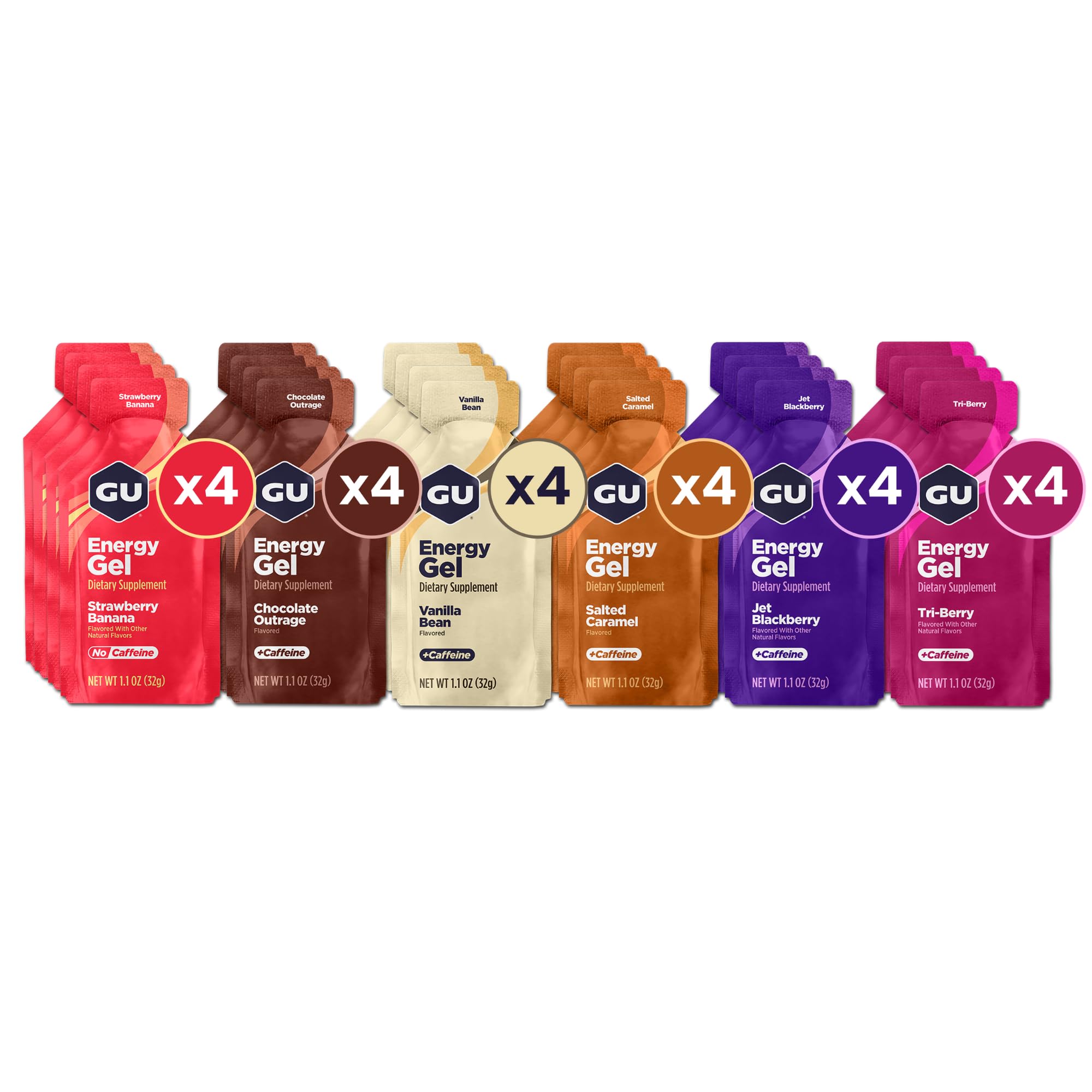 GU Original Energy Gels, Bestsellers Mixed 24 Pack - 100 Calorie Energy Gel with Carbohydrates, Caffeine, BCAAs and Electrolytes - Pre-Workout Fuel for Running, Cycling, Triathlon and Endurance Sports