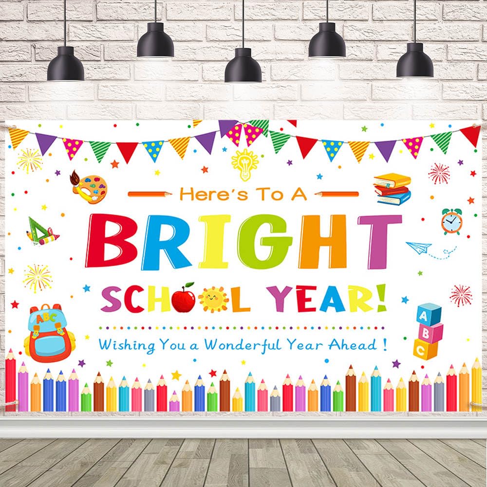 Photo 1 of AIBIIN Here's to A Bright School Year Backdrop Back to School Photography Background First Day of School Banner Kids Classroom Back to School Party Background Photo Booth Props 70.8 x 43.3 inch Black